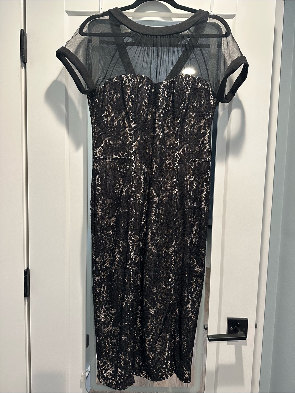Maggy London Black Lace Sheath Dress with Illusion Neckline Size 12